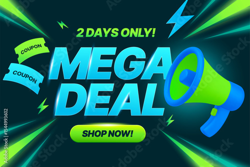 3d mega deal sale banner template with megaphone and flying coupons, isolated on background with lightning effect. Mega sale banner in 3d vector. Vector illustration