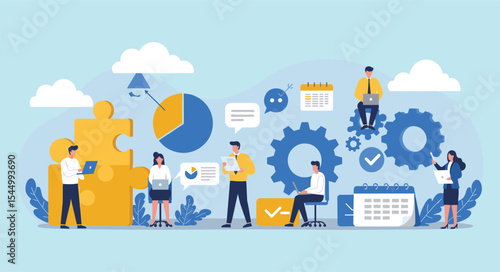  Effective business management illustration showcasing teamwork, data analysis, strategic planning, task organization, and problem-solving for optimized workflow, flat vector illustration