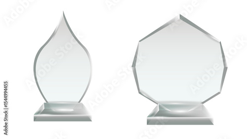Two Modern Glass Trophies: a Diagonal Cut Rectangle and a Faceted Teardrop on Bases, for Awards and Recognition

