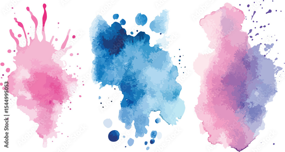 Fototapeta premium Three Watercolor Splashes in Pink Blue and Purple on White Background Ideal for Abstract Art Design Elements or Creative Projects Perfect for Adding a Touch