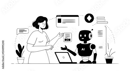 People with robot, technology interaction.