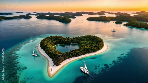 A spectacular aerial view of a tropical, heart-shaped island surrounded by crystal-clear turquoise water during a beautiful sunset. 