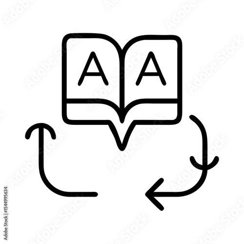 An open book with the letter "A" on its pages and circular arrows, symbolizing the learning process and a never-ending cycle