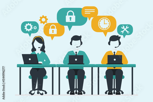 Customer service and tech support team at work, ensuring secure, efficient, and reliable assistance with timely solutions for excellent client satisfaction flat vector illustration