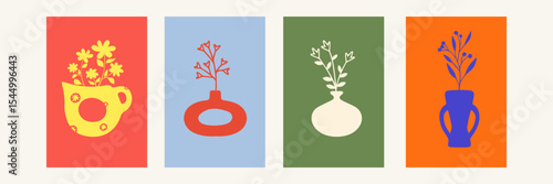 Minimalist Botanical Modern Vase Posters Set with Vibrant Colors