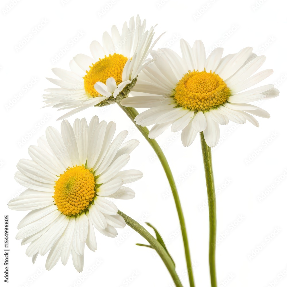 Naklejka premium Bright close-up of three blooming white daisies with yellow centers, isolated on white, perfect for floral or nature themes.