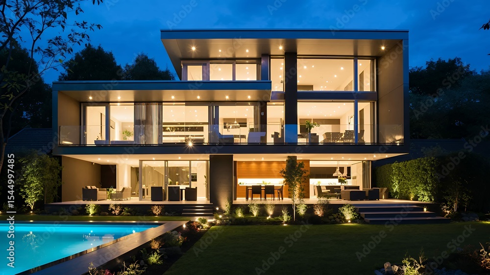 Modern home exterior at twilight showcases architectural design, landscaping, and poolside ambiance. Modern home exterior at twilight showcases architectural design, landscaping, and poolside ambiance.