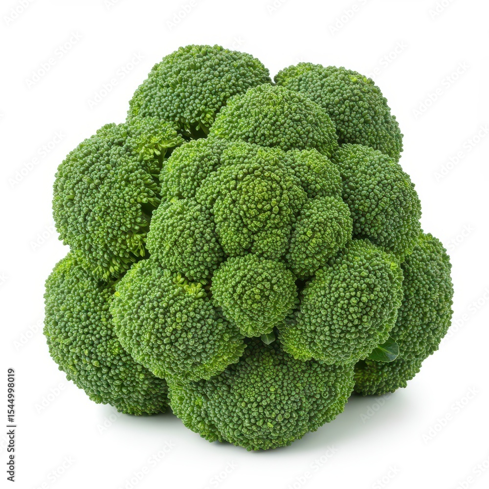 Close-up of a whole broccoli head showing detailed green florets and texture, isolated on a clean white background for food concepts. Close-up of a whole broccoli head showing detailed green florets and texture, isolated on a clean white background for food concepts.