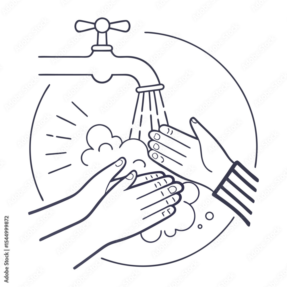 Obraz premium Washing hands under tap water hygiene line art