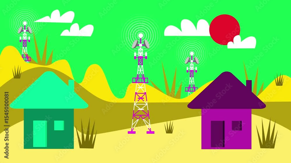 Rural Landscape with Communication Towers Network, Digital Tower Animation Showing Radiating Signal Rural Landscape with Communication Towers Network, Digital Tower Animation Showing Radiating Signal