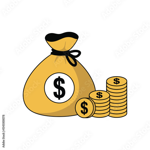 A simple cartoon illustration of a money bag and coins on a white background