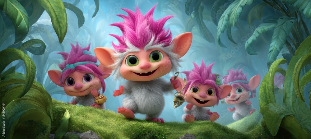 Four cute trolls walking in a magical forest Four cute trolls walking in a magical forest