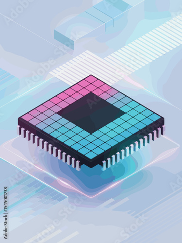 Abstract futuristic microchip design with vibrant neon grid patterns and glowing elements, representing technology, innovation, and advanced digital systems in a modern 3D style