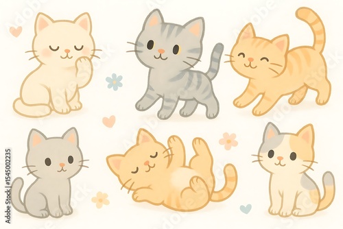 Adorable pastel colored cats in playful poses, perfect for cute pet illustrations and designs