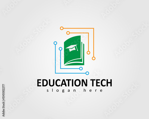 technology education logo with education guide book icon and technology box vector logo design
