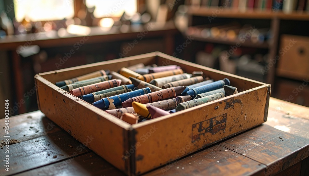 Fototapeta premium A nostalgic box of worn-down crayons with broken tips and peeled paper wrappers, captured in soft lighting to evoke childhood memories, creativity, and artistic expression.
