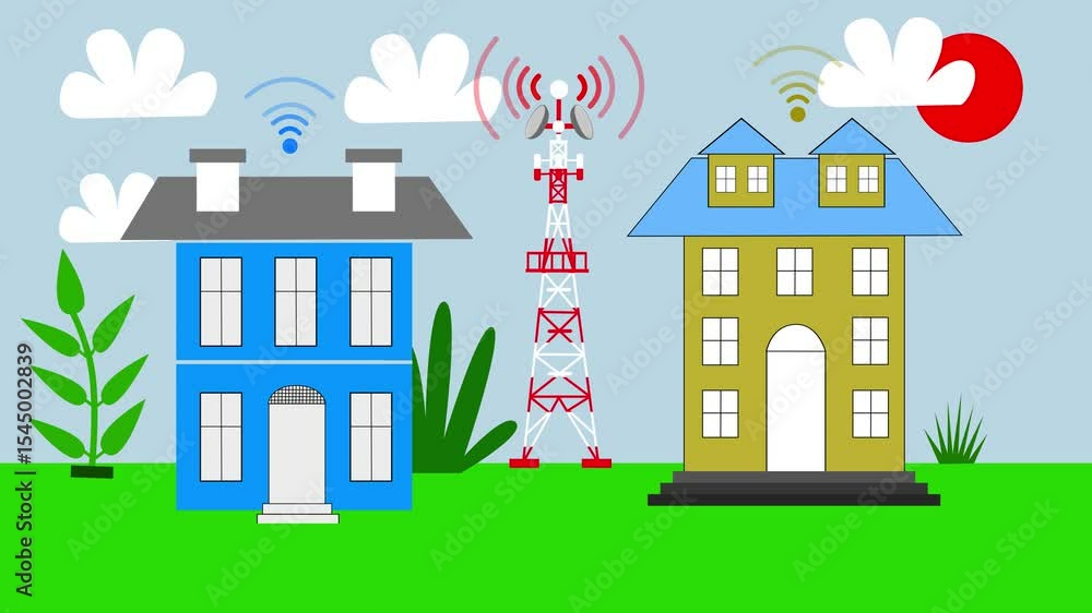 Houses with Wi-Fi and Communication Tower Network, Wireless Signal Transmission Animation from Network Tower, 5G Internet Connection Houses with Wi-Fi and Communication Tower Network, Wireless Signal Transmission Animation from Network Tower, 5G Internet Connection