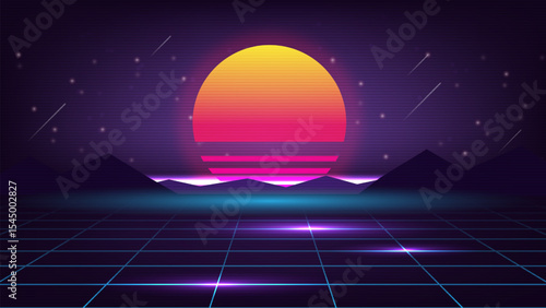 Retro futuristic with sunset.Retro background futuristic landscape 1980s style. Synthwave wireframe landscape.Digital retro landscape cyber surface. 80s party background.