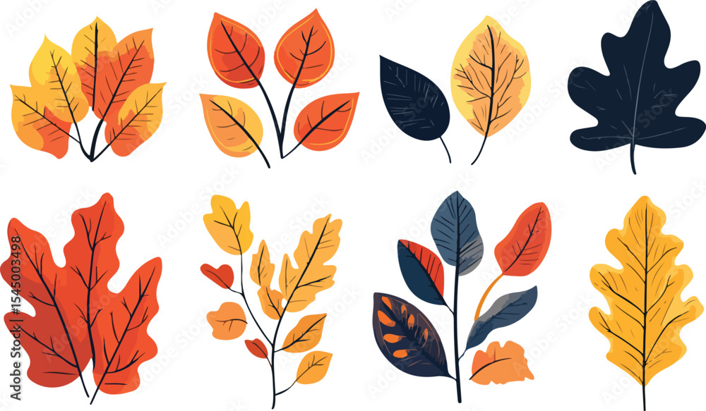 Fototapeta premium Autumn Leaves Collection in Flat Vector Style Featuring a Variety of Colorful Fall Foliage Perfect for Seasonal Designs Invitations and Creative Projects with a Natural