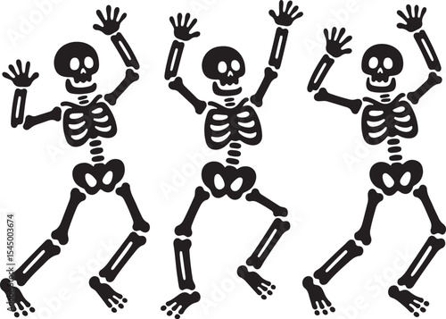 Funny skeleton silhouette set, Skeletons dancing with different positions flat style vector, Funny Halloween skeletons in different poses set, jumping, frightening