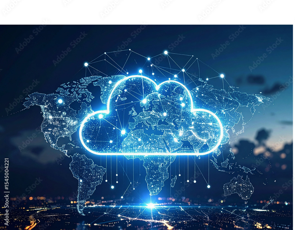Global Cloud Network with Glowing Data Connections and World Map Global Cloud Network with Glowing Data Connections and World Map
