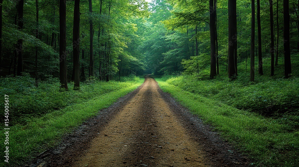 Fototapeta premium Serene Forest Path: Empty Dirt Road Through Lush Green Trees, Wide-Angle Overhead View in Natural Light