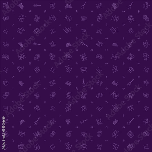 Vector pattern of concert audience hands, visualizer, guitar, festival mask, studio light, sound, magician hat, drum, and shop. for festival theme background