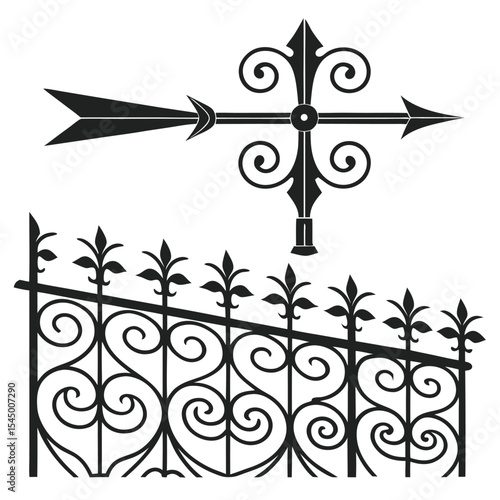 Ornate wrought iron fence and weather vane design