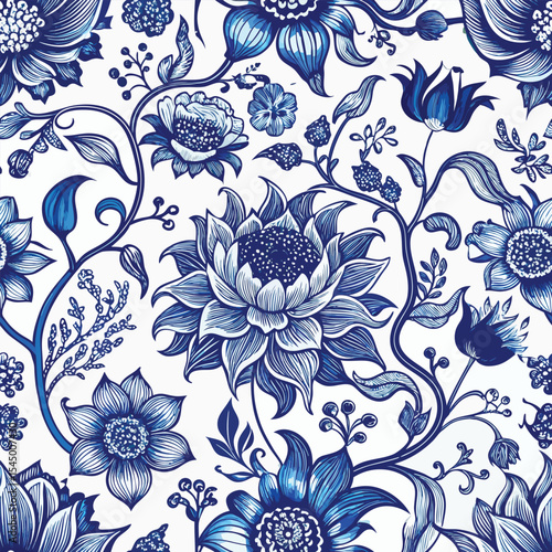 Blue and white floral seamless pattern design