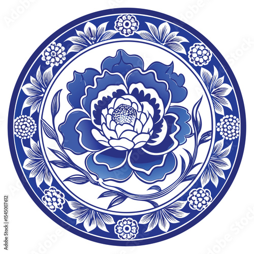 Blue and white porcelain plate with peony flower design