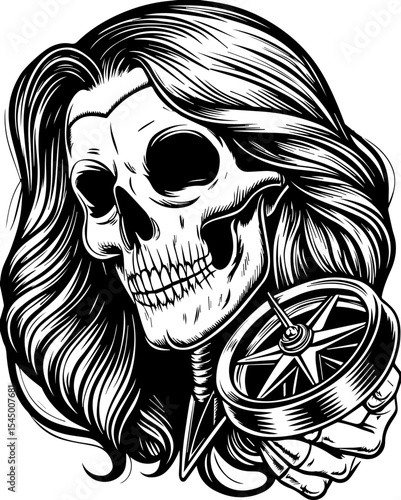 A fierce female pirate skeleton leads. Skull and Compass Design with Long Hair for Creative Artwork