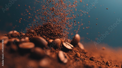 Close-up of ground coffee and whole coffee beans scattered in mid-air with a dark, blurred background.