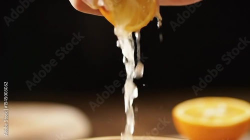 Squeezing a fresh orange half with juice dripping down in a dark studio environment close up view