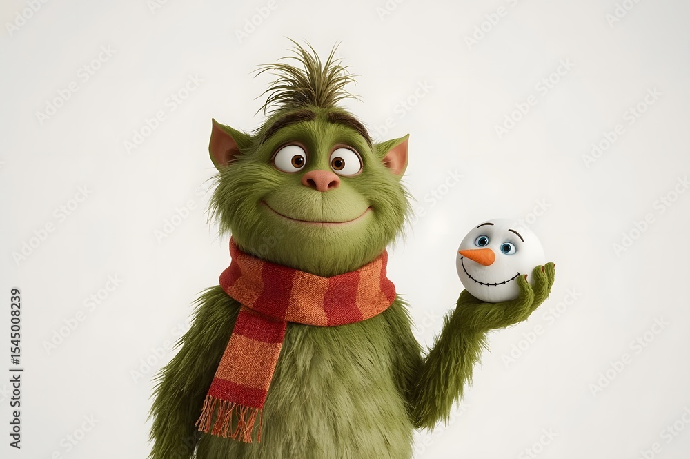 Fototapeta premium Green furry creature holding snowman