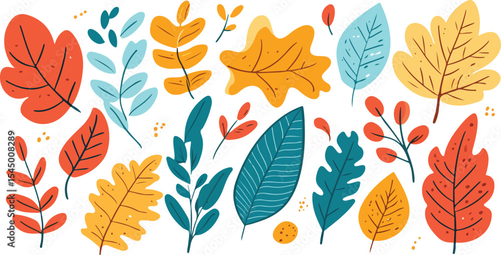 Obraz premium Colorful Autumn Leaves and Branches Illustration with a Variety of Shapes and Colors Perfect for Fall Themed Designs Backgrounds and Creative Projects on a White