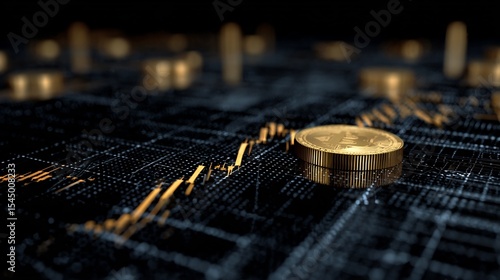 Business background showing digital crypto trading chart blockchain elements 3D coin tokens candlestick graph on dark matrix grid people free