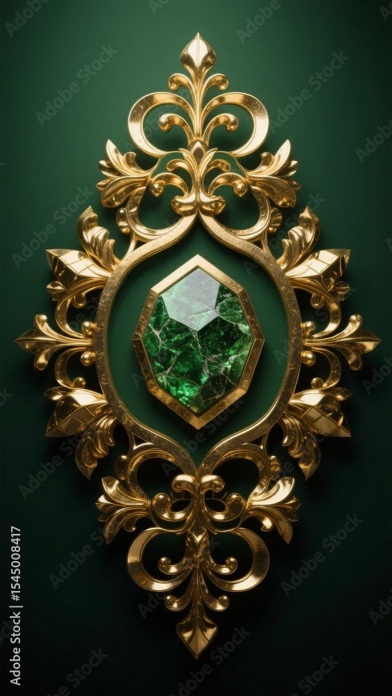 Fototapeta premium Elegant Ornate Pendant with Large Emerald Gemstone Set in Intricate Gold Filigree