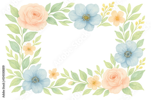 Watercolor floral border with soft pink roses, blue anemones, and pale yellow blossoms framing white negative space on transparent backdrop