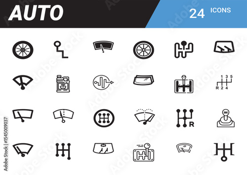 Auto Icons Collection: A comprehensive array of auto-themed icons, featuring steering wheels, gearshifts, windshield wipers, and more, designed in a minimalist black and white style.