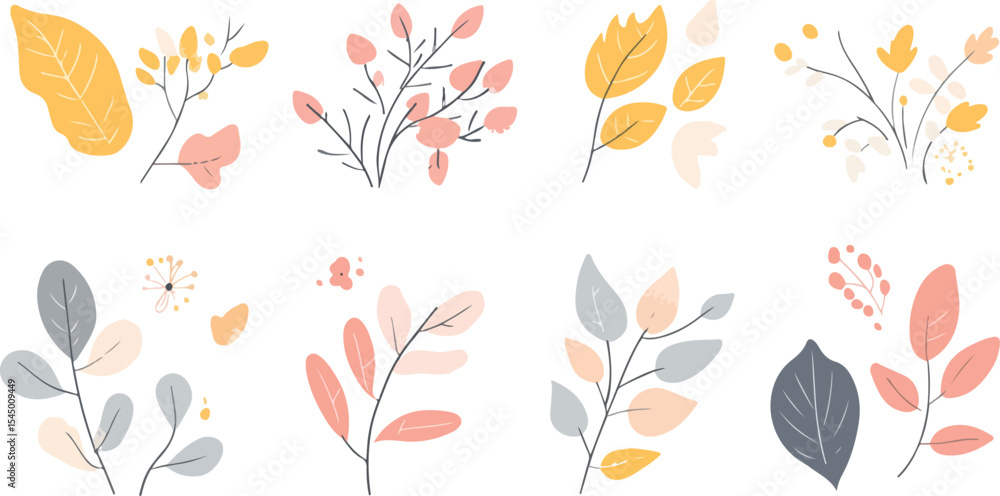 Fototapeta premium Collection of Delicate Botanical Illustrations with Pastel Colors Featuring Leaves Branches and Berries in a Minimalist Style Perfect for Creative Projects and Designs on a