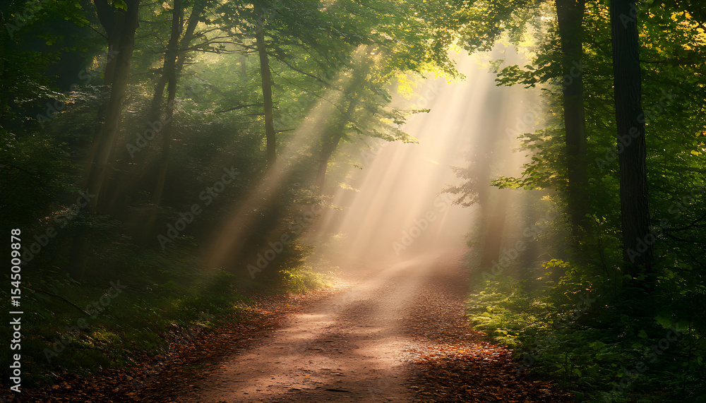 Obraz premium Sunlight shines through dense trees. Path leads through forest, surrounded by green foliage. Beautiful nature landscape scenery