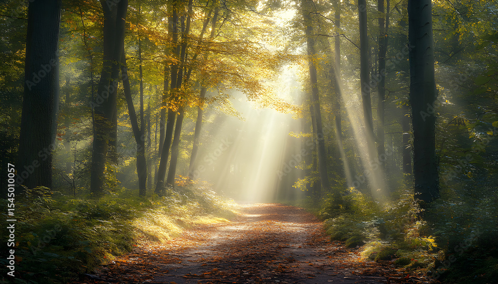 Obraz premium Sunlight shines through dense trees. Path leads through forest, surrounded by green foliage. Beautiful nature landscape scenery