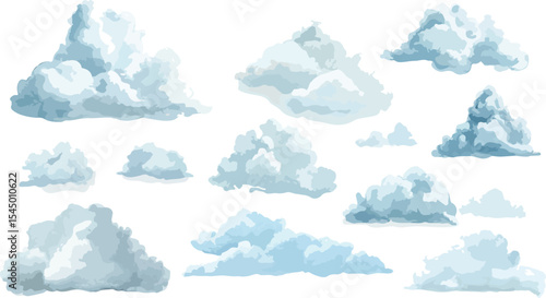Set of fluffy clouds in vector format isolated on a white background perfect for adding a touch of sky to your designs and illustrations with