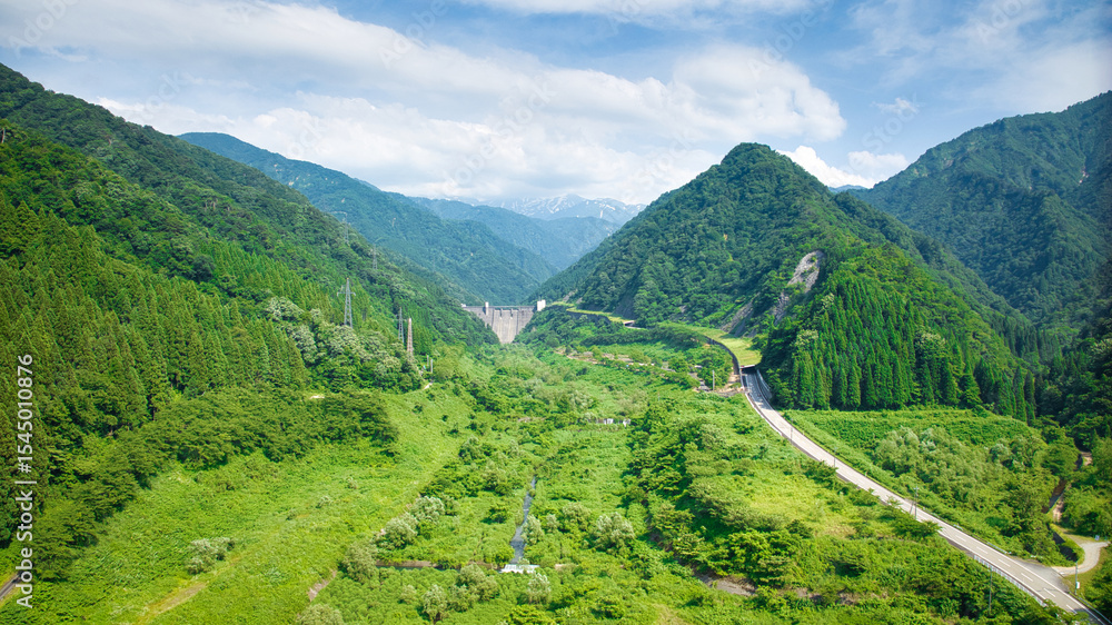Naklejka premium 日本の富山県東部を流れる小川上流の朝日小川ダム周辺の風景