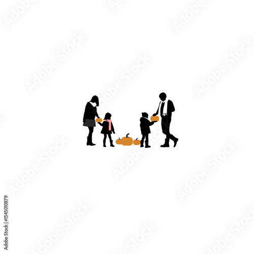 a family visiting a pumpkin patch on white backgrod