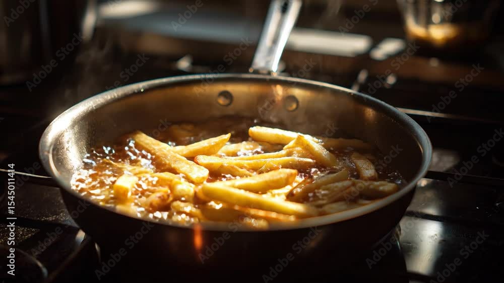 Crispy golden fries cooking in a pan on a warm stove Crispy golden fries cooking in a pan on a warm stove