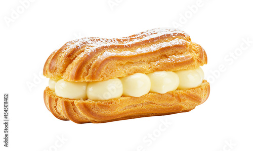 Creamy Éclair: A delightful éclair, featuring a golden pastry shell generously filled with a rich, creamy custard and dusted with a delicate sprinkle of powdered sugar, a mouthwatering dessert!