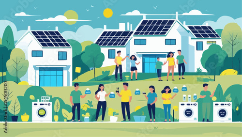 Flat Vector Illustration of Energy-Saving Lifestyle – Eco-Friendly Daily Habits