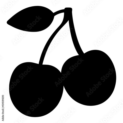 Minimalist black cherry silhouette design with stem and leaf on white background