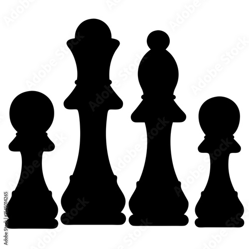 Black Chess Pieces on a White Background Featuring Pawns, Queen, Bishop